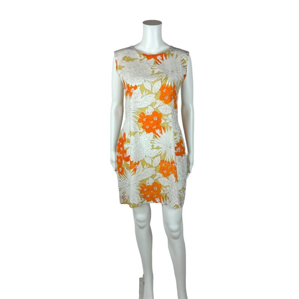 Vintage 60s Floral Shift Women's Small Orange Flower Print Groovy Summer Dress